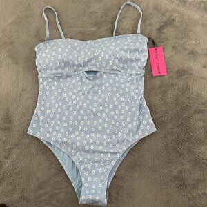NWT Betsey Johnson Light Blue Floral One Piece Cutout Swimsuit LARGE